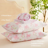 Jolusere Bow Sheet Set Full for Girls Kids Pink Floral Fitted Sheet Set Soft Microfiber Fitted Flat Sheets & Pillowcases - Princess Style Bowknot Bedding Sets Toddlers 4 Pieces Cute Sweet Bed Set Jolusere