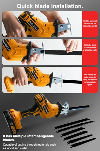 Cordless Reciprocating Saw, 2.0Ah Battery x2, Cordless Variable Speed, Blades Kit for Wood/Metal/PVC Cutting Yellow SKOVENSY