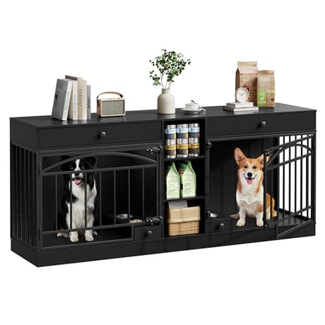 IDEALHOUSE 78.7" Double Dog Crate Furniture with Storage and 2 Doors, Dog Kennel Indoor with Feeding Bowls, Wood Dog Crate TV Stand for Small Medium Dogs, Black IDEALHOUSE