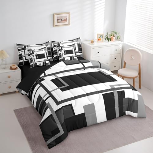 Erosebridal 7Pcs Black and White Full Comforter Set for Minimalist,Black Gray Modern Geometric Bed in A Bag,Abstract Geometric Modern Bedding with Bed Sheets,Mid Century Modern Fashion Quilt Erosebridal