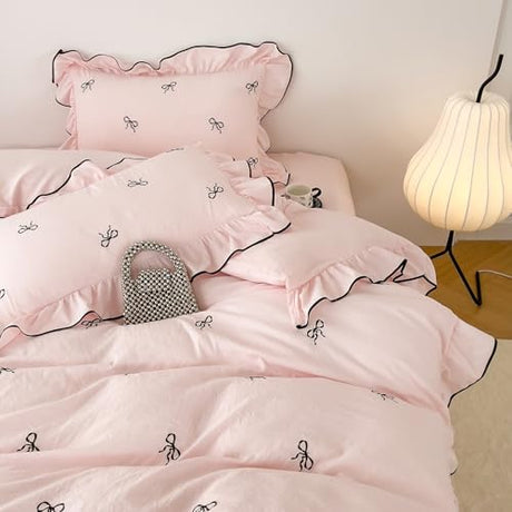 AOJIM Chic Pink Duvet Cover Set 3-Piece with Bow Pattern for Kids Adults, Twin Size Brushed Microfiber Ruffled Bedding Set, 1 Soft Comforter Cover and 2 Pillowcases, for All Seasons AOJIM