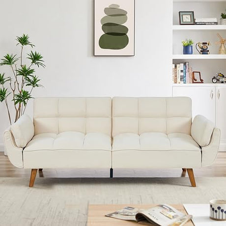Betoko Convertible Futon Sofa Bed Sleeper Twin Size, Modern Reclining Linen Split Back Sofa Couch with Pillow Top Arm for Compact Living Room,Apartment (Beige) Betoko