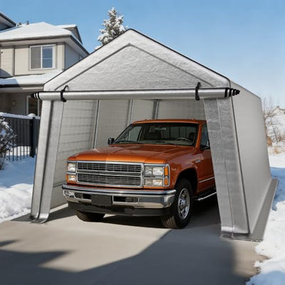 LINKHOO 10 x 15 FT Carport, Portable Shed w/220G Heavy Duty Waterproof PE Tarp, Roll-up Zipper Door & Vent, Weather-Resistant Storage Shed for Motorcycle, Bike, ATV and Tools, Gray