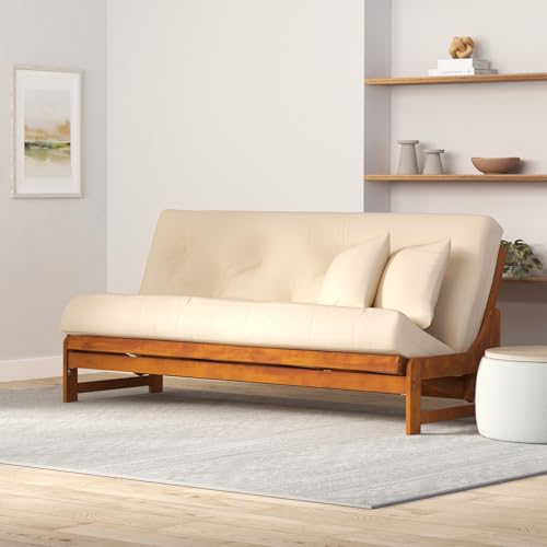 Arden Futon Set - Full Size Futon Frame with Mattress Included (8 Inch Thick Mattress, Twill Khaki Color), Heavy Duty Wood, Popular Sofa Bed Choice