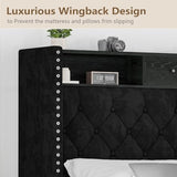 Otevehde LED Full Size Bed Frame with USB Charging Station, Velvet Upholstered Platform Bed Frames with Button Tufted Wingback Storage Headboard, Wooden Slats Support, No Box Spring Needed, Black Otevehde
