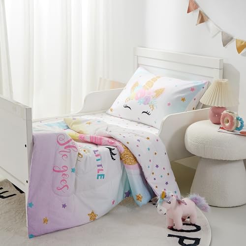 PINNKKU 4-Piece Toddler Bedding Set, Includes 1 Flat Sheet, 1 Fitted Sheet, 1 Comforter and 1 Reversible Pillowcase, Standard Toddler Comforter & Sheet Set, Ultra Soft Toddler Bed Set, Unicorn PINNKKU