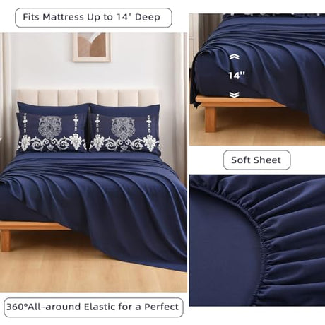 Mybedsoul 7 Pieces Navy Blue Comforter Set King Size, Damask Bed in a Bag for King Bed, Lightweight Microfiber Boho Bedding Sets with Comforter, Sheet, Pillowcases & Shams for All Season(90"x104") Mybedsoul
