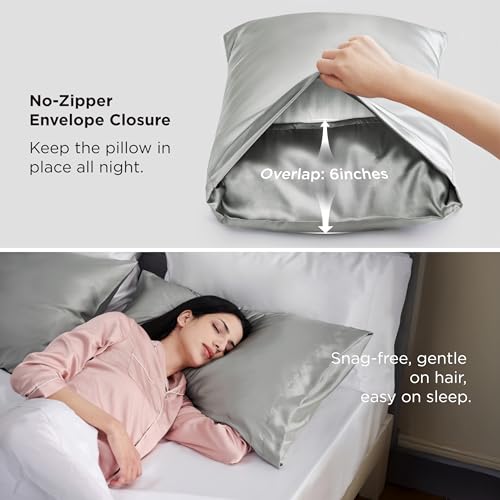 Bedsure Satin Pillowcase, Similar to Silk Pillow Cases Queen Size Set of 2, Cooling Pillow Case Covers with Envelope Closure, Room Decor Gifts for Women Men, Silver Grey, 20x30 Inches, 2pcs Bedsure