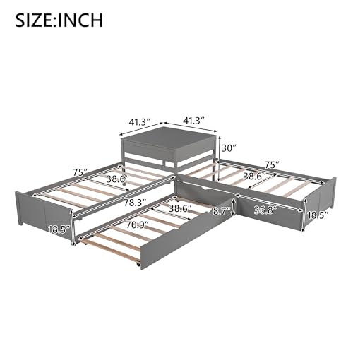 Merax L-Shaped Platform Bed with Trundle, Drawers and Built-in Desk, Wood Bed for Teens, L Shaped Twin Bed, Grey Merax