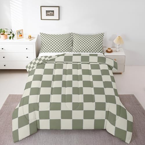 Erosebridal Plaid Comforter Set Twin Beige Sage Green Checkerboard Quilt Set Geometric Checkered Bedding Set for Kids Boys Girls, Aesthetic Grid Duvet Set Modern Room Decor 2 Pcs Erosebridal