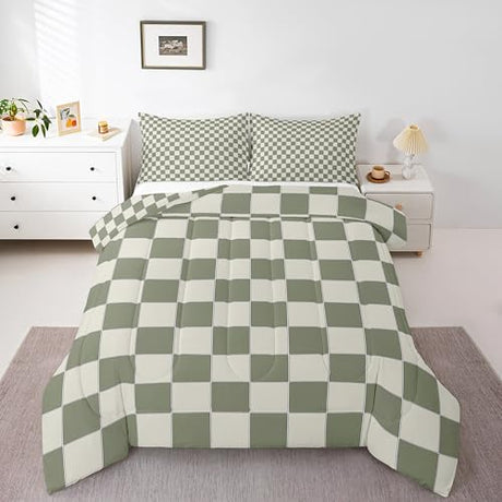 Erosebridal Plaid Comforter Set Twin Beige Sage Green Checkerboard Quilt Set Geometric Checkered Bedding Set for Kids Boys Girls, Aesthetic Grid Duvet Set Modern Room Decor 2 Pcs Erosebridal