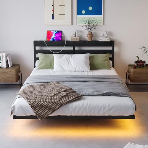 VERFARM Floating Bed Frame Queen Size with USB Charging Station, LED Bed Frame with Storage Headboard, Black Metal Platform Bed Queen Size, No Box Spring Needed, Noise Free, Easy to Assemble VERFARM
