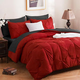 DOWNCOOL 7 Pieces Red and Black King Size Comforter Set, Pintuck Pinch Pleat Bed in a Bag, Soft Microfiber All Season Bedding Set for Bedroom with Sheets, Pillowcases & Shams DOWNCOOL