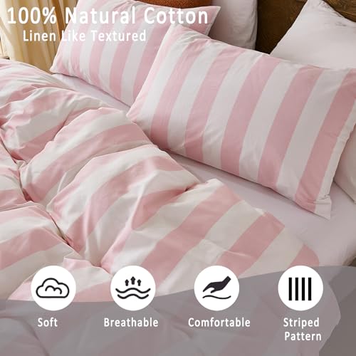 Merryword Pink and White Striped Duvet Cover Set King Size, 100% Cotton Bedding Set with Zipper Closure & 8 Corner Ties, Luxury Linen Like Bedding, Soft Breathable Comforter Cover for All Seasons Merryword