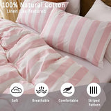 Merryword Pink and White Striped Duvet Cover Set Queen Size, 100% Cotton Bedding Set with Zipper Closure & 8 Corner Ties, Luxury Linen Like Bedding, Soft Breathable Comforter Cover for All Seasons Merryword