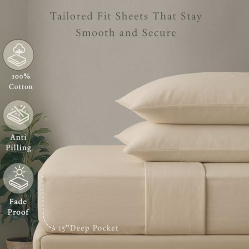 Threadmill - 5 Star Hotel Twin Sheet Set 100% Cotton Sheets, 500 Thread Count, Deep Pocket, Snug Fit, Soft & Crisp Best Bedding Sheets Set 3 Piece Set (Twin, Beige) Threadmill