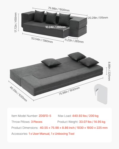 VEVOR Folding Sofa Bed, 3-in-1 Foldable Couch Bed with 3 Pillows and Washable Cover, 25D High Density Memory Foam Convertible Sleeper Chair Bed, Futon Couch for Living Room, Bedroom, Dark Grey(Twin) VEVOR