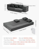 VEVOR Folding Sofa Bed, 3-in-1 Foldable Couch Bed with 3 Pillows and Washable Cover, 25D High Density Memory Foam Convertible Sleeper Chair Bed, Futon Couch for Living Room, Bedroom, Dark Grey(Twin) VEVOR