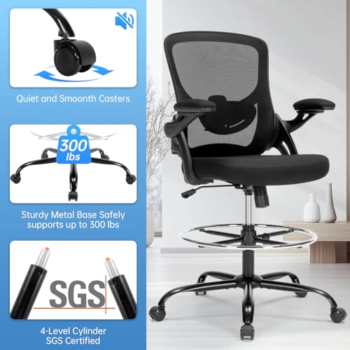 Heromate Drafting Chair Ergonomic Comuputer Standing Desk Chair with Flip-Up Arms and Lumbar Support, Tall Office Chair with Adjustable Footrest, Stool Counter Height Office Chairs Black Heromate