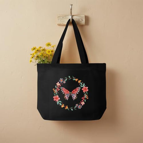 ERKOON Embroidery Canvas Tote Bag for Beginners, Floral Arts Crafts Cross Stitch Kits for Adults Including Stamped Embroidery Bag with Hoops, Needle, Instruction and Color Threads (Butterfly) ERKOON
