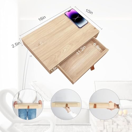 Bloddream Floating Shelf with Drawer, Nightstand for Bedroom - 16'' Wall Shelf, White Floating Shelf with Storage, Floating Bedside Table (Natural) Bloddream