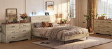 LINSY Ergonomic Queen Bed Frame with RGB Lights, Storage Headboard & Charger - Beige Farmhouse Design LINSY