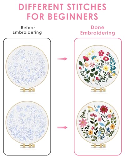 TINDTOP Embroidery Kit for Adult, Owl Embroidery Kit for Beginners Include Embroidery Cloth Hoops Threads for Craft Lover Hand Stitch with Embroidery Skill Techniques (Florals) TINDTOP