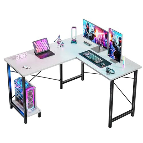 DUMOS L Shaped Desk, Computer Gaming Desks Corner Office Table with CPU Shelf for Home Study Writing Work Station 50 Inch, White DUMOS