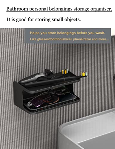 NOTMBESTM Bedside Wall Shelf Organizer Small Bedside Shelf Wall Mount for Bed Universal Stick on Wall Shelf Double Tray Holder for Storing Cellphone, Glasses, Keys, Camera, Alarm Clock (Black) NOTMBESTM