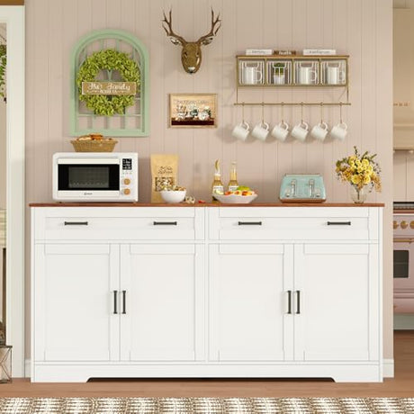 usikey Buffet Cabinet with Storage and Drawers, 55" Large Sideboard Buffet Cabinet with Adjustable Shelves and Doors, Modern Coffee Bar for Kitchen, Living Room, White usikey