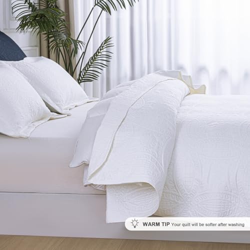 SheRest Full Quilt Bedding Set - White Soft Breathable Bed Quilts, Modern Style Embossed Bedspreads, Lightweight Microfiber Reversible Coverlet for All Seasons-3 Pieces (1 Quilt,2 Pillow Shams) SheRest