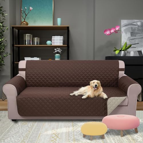 U-NICE HOME Reversible Sofa Cover Washable Couch Cover for Dogs Friendly with Elastic Straps Water Repellent Furniture Protector for 3 Cushion Couch (Sofa, Coffee/Beige) U-NICE HOME