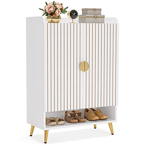 Tribesigns Shoe Cabinet with Doors, 6-Tier Shoe Storage Cabinet with Adjustable Shelves, Wooden Shoes Rack Shoe Storage Organizer for Entryway, Hallway, Closet, Living Room, White & Gold - WoodArtSupply