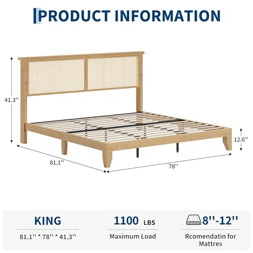 GAOMON King Size Rattan Bed Frame, Rattan Bed Frame with LED Light & Natural Headboard, Boho, Storage Space Underneth, Sturdy Wooden Slats Support, No Box Spring Needed GAOMON