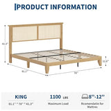 GAOMON King Size Rattan Bed Frame, Rattan Bed Frame with LED Light & Natural Headboard, Boho, Storage Space Underneth, Sturdy Wooden Slats Support, No Box Spring Needed GAOMON