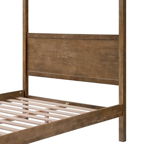 Christopher Knight Home Darnel Wooden Canopy Bed Frame Queen Size with Headboard, 4 Poster Platform Queen Bed Frame, Strong Wood Slat Mattress Support, No Box Spring Needed, Antique Natural