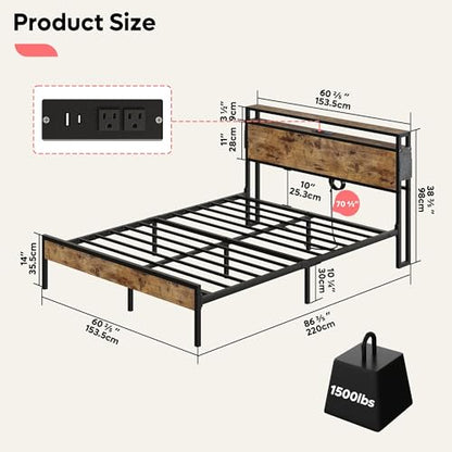 Bestier Queen Size LED Platform Bed Frame with Headboard, Storage, and Charging Station - WoodArtSupply