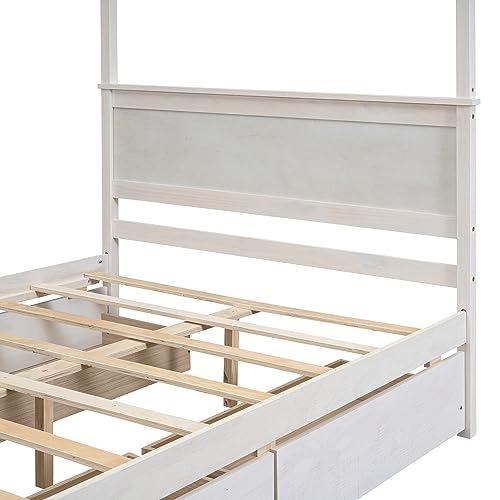 RORIGAT Wood Canopy Bed with 4 Storage Drawers, Full Size Canopy Platform Bed with Support Slats, 4-Post Wood Platform Bed with Headboard,for Kids Teens Adult, No Box Spring Needed,Brushed White