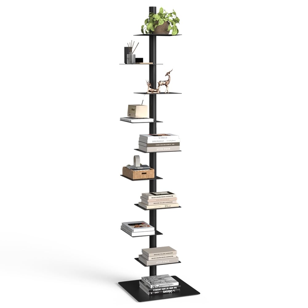 Nidouillet 9-Tier Metal Spine Bookshelf, Adjustable Vertical Tower for Books, Tall & Narrow Ladder Bookcase, Space-Saving Multipurpose Corner Storage Shelf, Display Stand, Tool-Free Assembly, Black Nidouillet