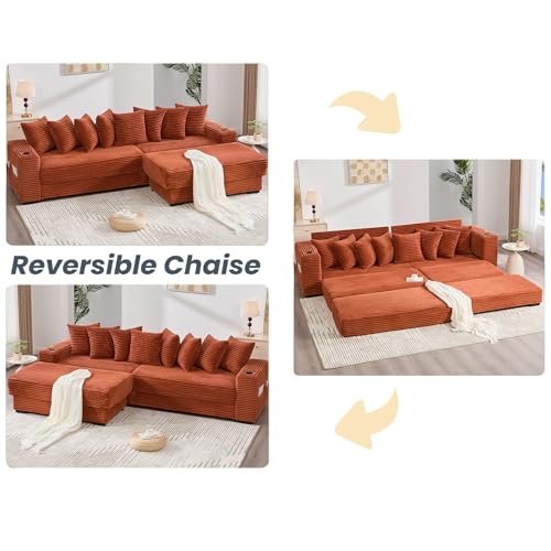 Modular L Shaped Sectional Couch Sofa with Movable Footstool, Cup Holders, 8 Pillows, Side Pockets, Converts to Bed, 110.75 Inch Corduroy Fabric for Living Room,Orange Generic
