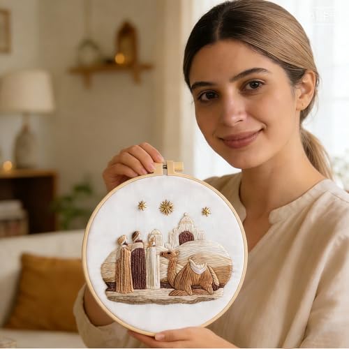 Myfelicity Embroidery kit,Adults Set,Nativity Scene Embroidery Hoop Art Set, Religious Christmas Theme, 3-Piece Collection with Angels and Manger Scene in White Embroidery Cloth