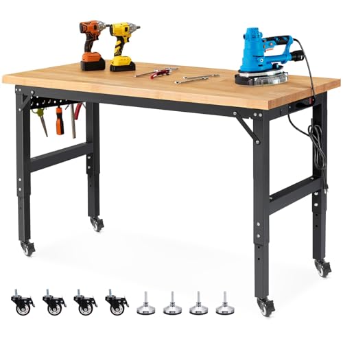 ENJOYWOOD Workbench with Wheels 60 Inch Rubberwood Tabletop Garage Workbench Adjustable Height Work Bench with Pegboard, Power Outlets for Woodworking, Home, Office, Workshop ENJOYWOOD