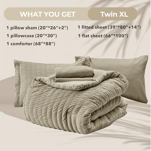 HYMOKEGE Linen Twin XL Comforter Set Seersucker 5 Pieces, All Season Luxury Bed in a Bag for Bedroom, Bedding Set with Comforter, Sheets, Pillowcase & Sham HYMOKEGE