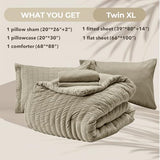 HYMOKEGE Linen Twin XL Comforter Set Seersucker 5 Pieces, All Season Luxury Bed in a Bag for Bedroom, Bedding Set with Comforter, Sheets, Pillowcase & Sham HYMOKEGE