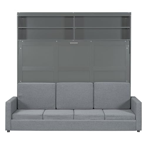 LZ LEISURE ZONE Queen Size Murphy Bed, Wooden Queen Murphy Bed with Sofa, Cushion and Shelves, Gray LZ LEISURE ZONE