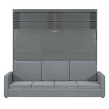 LZ LEISURE ZONE Queen Size Murphy Bed, Wooden Queen Murphy Bed with Sofa, Cushion and Shelves, Gray LZ LEISURE ZONE