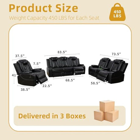 ELDANISH 2-Piece Leather Power Recliner Sofa Set for Living Room with USB Ports,LED Ambient Lighting & Storage Console,Modern Ergonomic Sectional Couch,Home Theater Seating (1Loveseat+1 Sofa,Black) ELDANISH