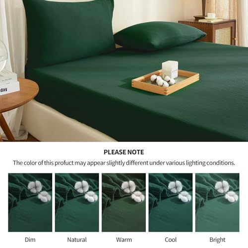 100% Muslin Cotton Emerald Green Fitted Sheet Twin Only with 16" Elastic Deep Pocket, 1 Pack Soft Breathable Absorbent Gauze Single Fitted Bottom Sheet, Minimalist Fluffy Wrinkle Mattress Protector YASMENG