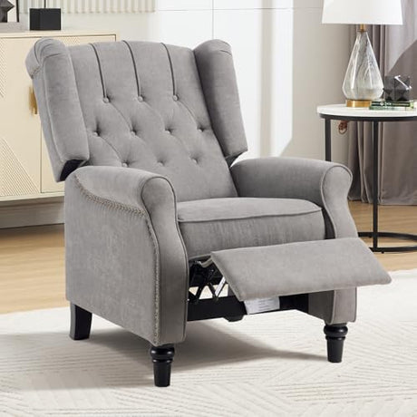 EBELLO Push Back Recliner Chair, Fabric Accent Chair Pushback Recliner with Rivet Decoration, Button-Tufted Back, Mid Century Wingback Armchair for Living Room, Bedroom, Grey EBELLO