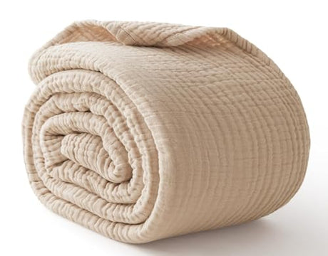 100% Cotton Blanket Large 50"x 70", 6 Layers Muslin Blankets, Cooling and Soft Throw Blanket for Bed and Couch, Breathable Quilt Bedspread, Gauze Bedding for Adults, Oatmeal, Beige Linen Kozyhvn